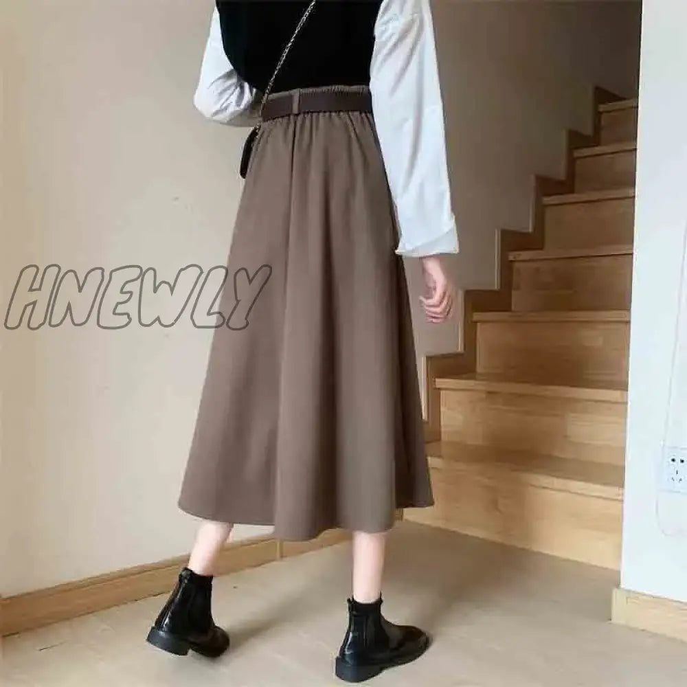 Hnewly Solid Skirts Women Mid-Calf High Waist Friends Korean Style Elegant College Spring Autumn