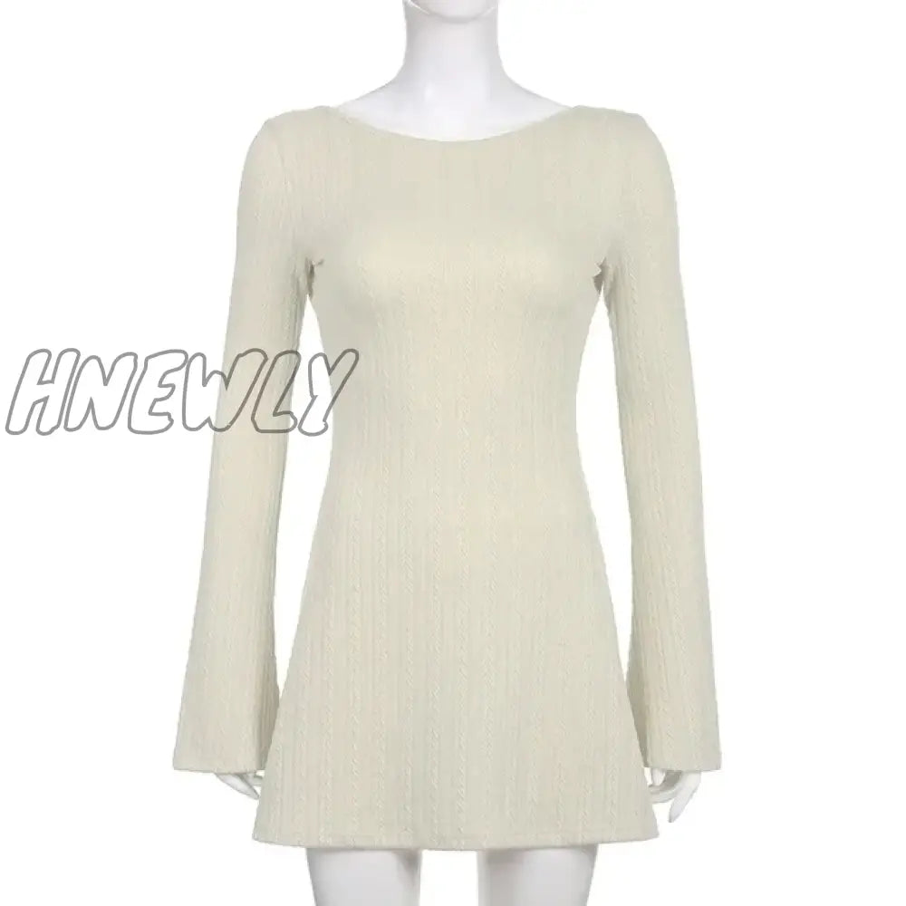 Hnewly Solid U Neck Backless Sexy Mini Dress Y2K A-Line Flared Long Sleeves Knitted Women Basic