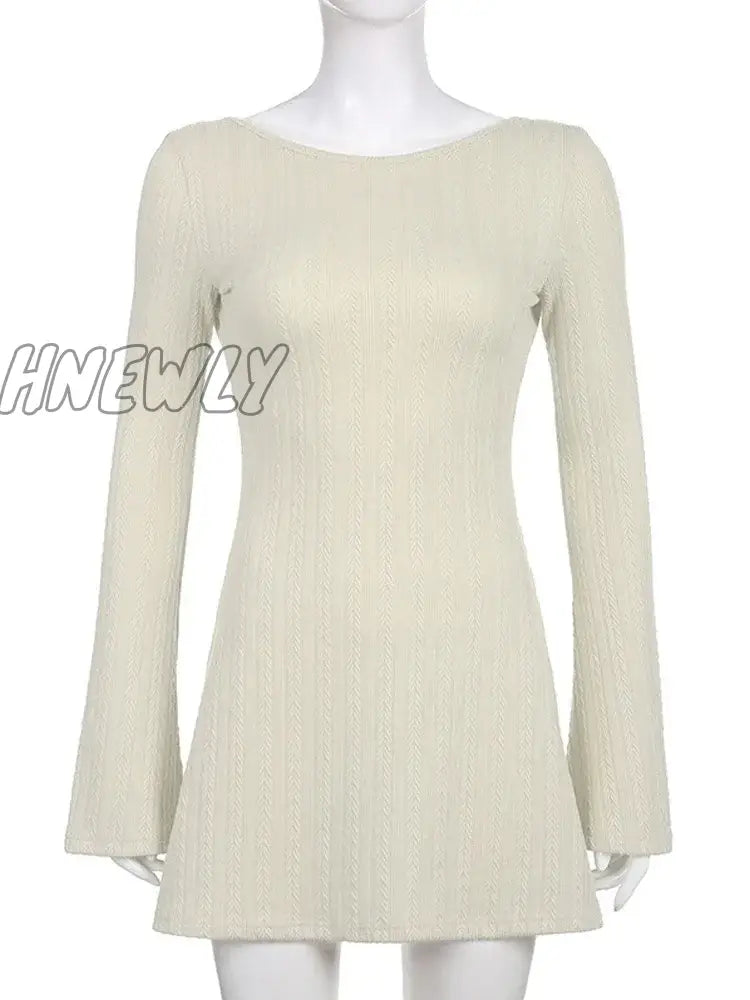 Hnewly Solid U Neck Backless Sexy Mini Dress Y2K A-Line Flared Long Sleeves Knitted Women Basic