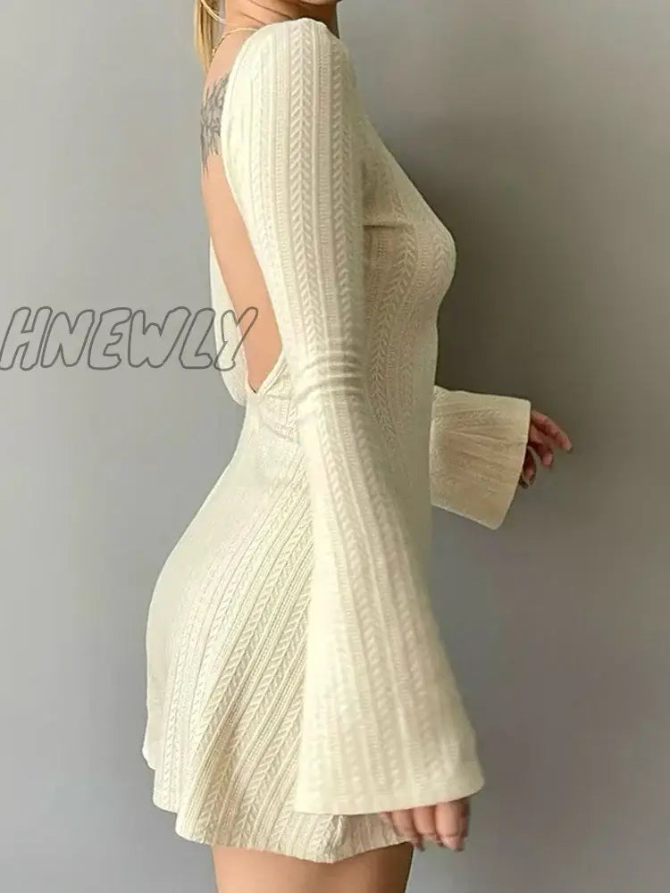 Hnewly Solid U Neck Backless Sexy Mini Dress Y2K A-Line Flared Long Sleeves Knitted Women Basic