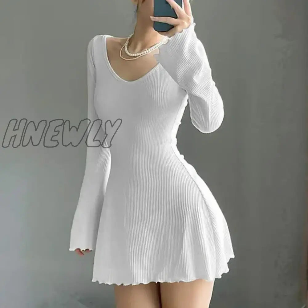 Hnewly Solid U Neck Backless Sexy Mini Dress Y2K A-Line Flared Long Sleeves Knitted Women Basic