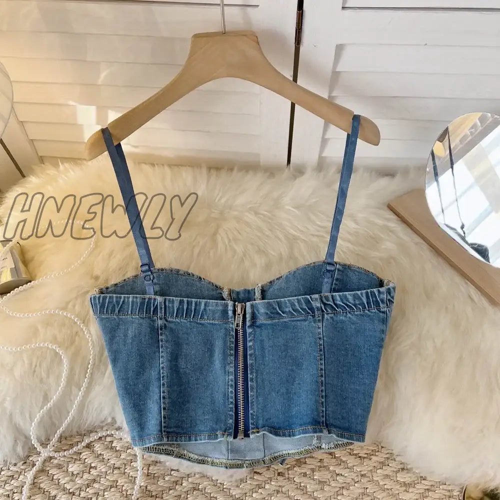 Hnewly Spaghetti Strap Denim Drawstring Tanks Camis For Women Almighty Summer Sexy Femme Corset