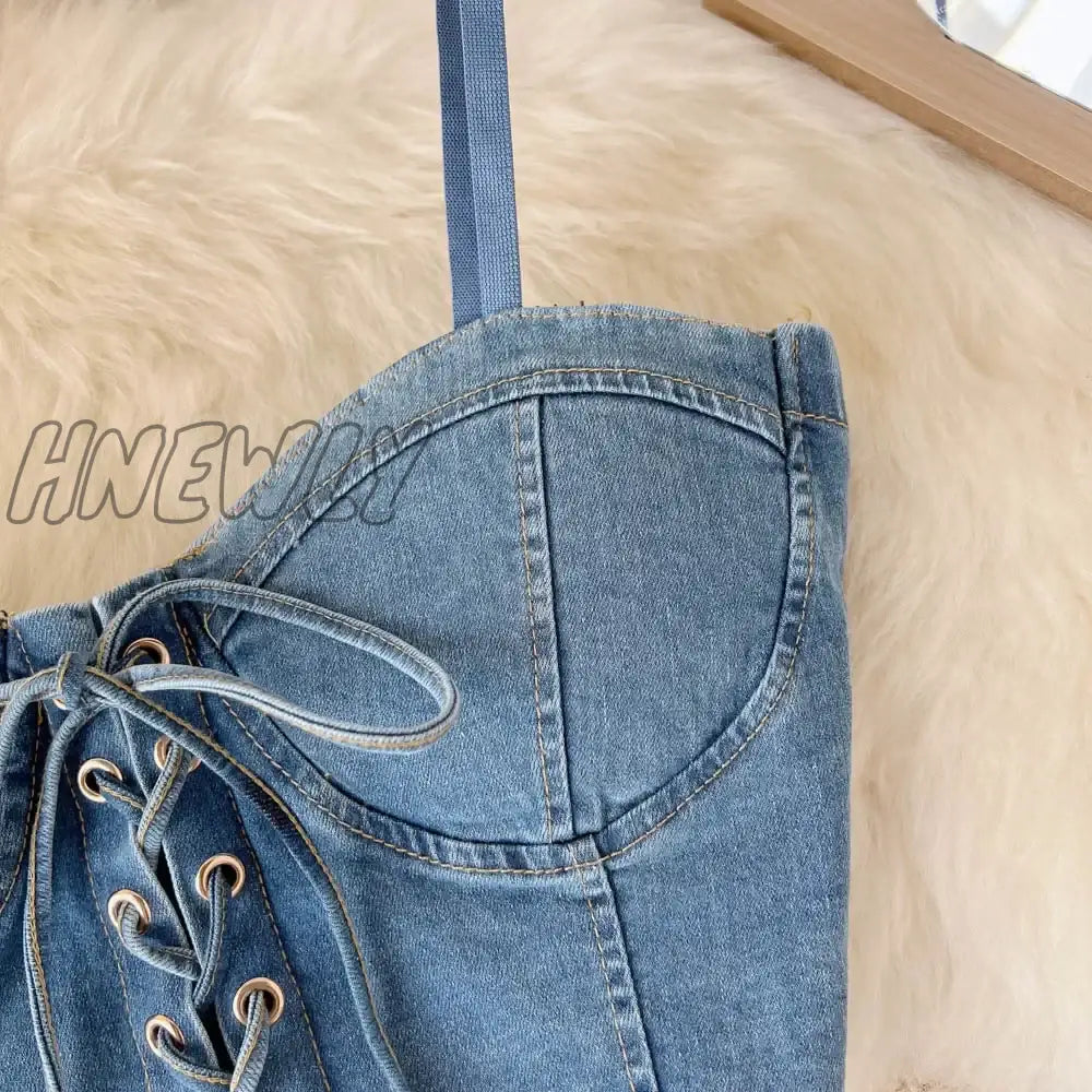 Hnewly Spaghetti Strap Denim Drawstring Tanks Camis For Women Almighty Summer Sexy Femme Corset