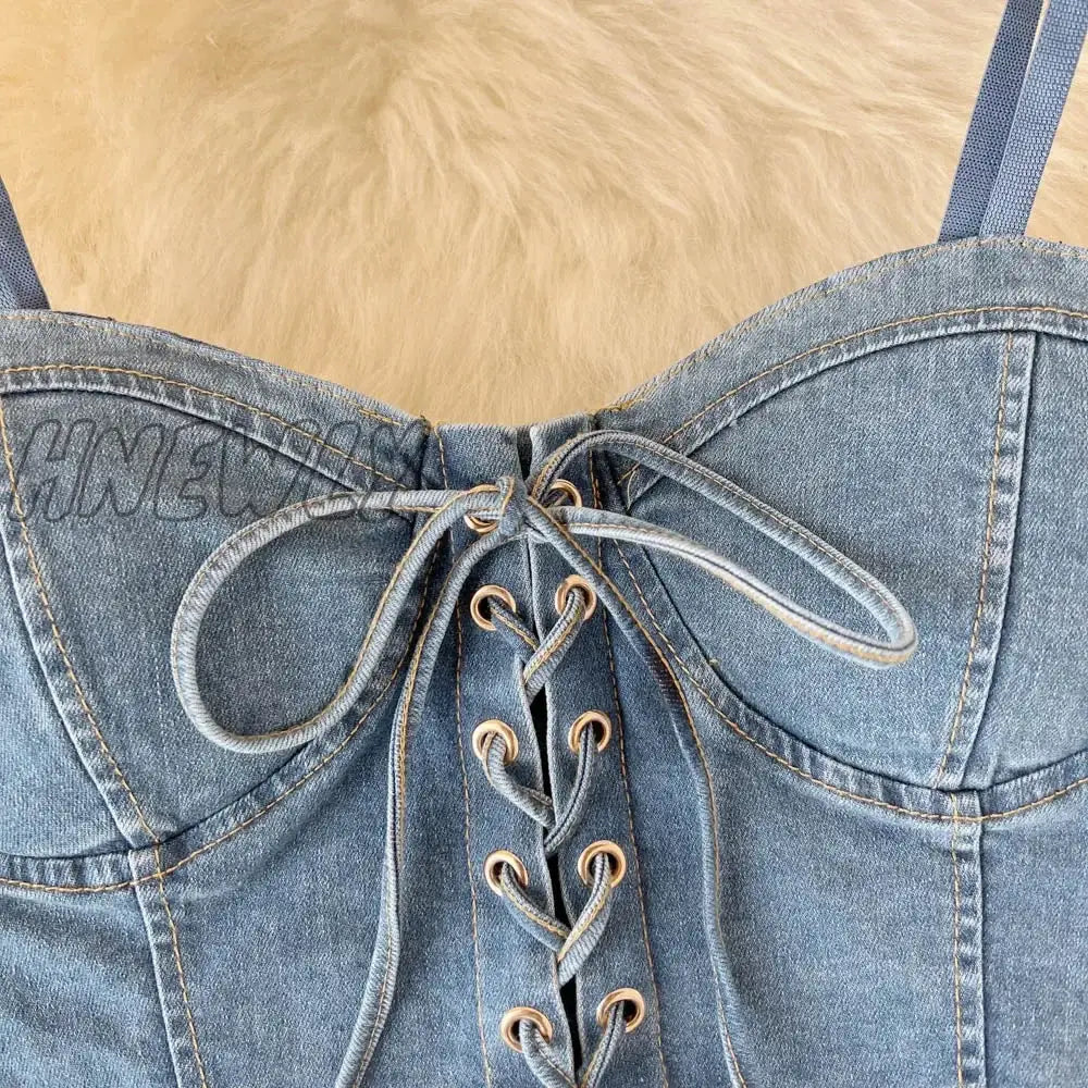 Hnewly Spaghetti Strap Denim Drawstring Tanks Camis For Women Almighty Summer Sexy Femme Corset