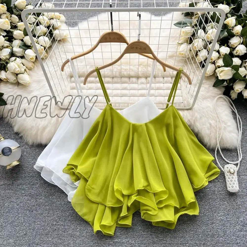 Hnewly Spaghetti Straps Ruffle Sleeveless Tanks And Camis Korean Fashion Corset Crop Tops Solid