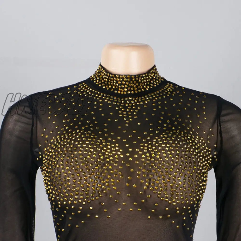 Hnewly Sparkle See Through Mesh Crystal Mini Dresses Womens Long Sleeve Zipper Back Skinny Party