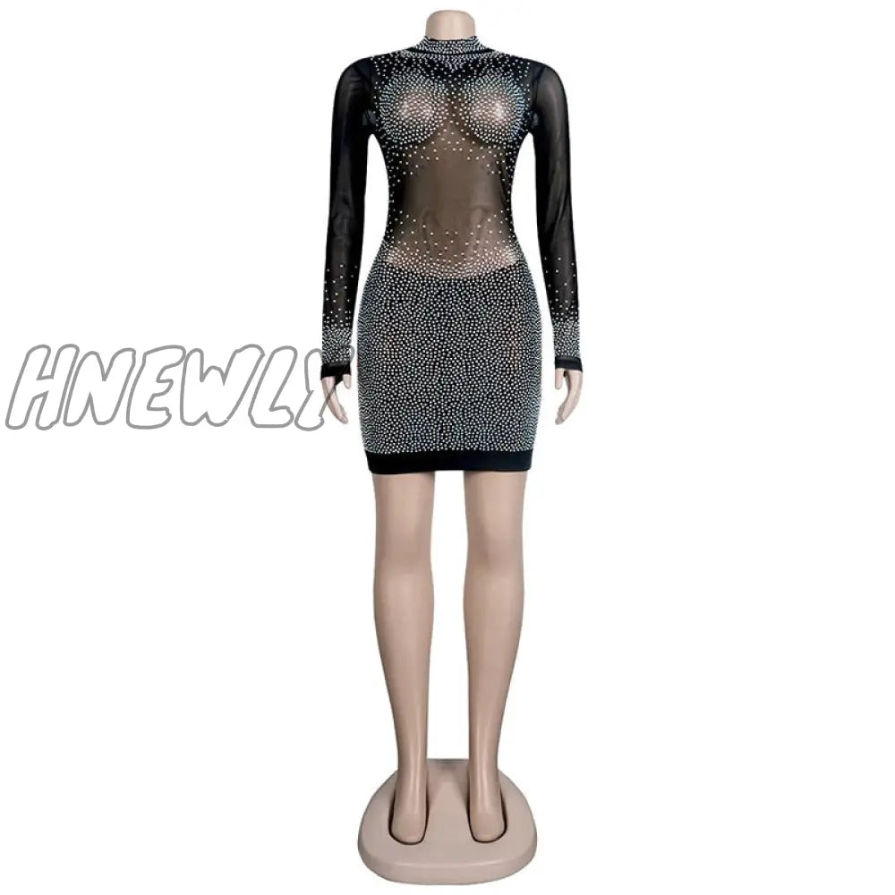 Hnewly Sparkle See Through Mesh Crystal Mini Dresses Womens Long Sleeve Zipper Back Skinny Party