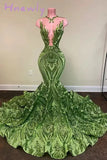 Hnewly Sparkly Sequin Olive Green Mermaid African Prom Dresses Black Girls Long Graduation Formal Evening Gowns فساتين حفلات التخر