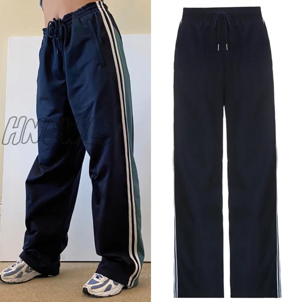 Hnewly Sporty Baggy Low Waisted Trousers Casual Patchwork Pockets Drawstring Cargo Pants Female