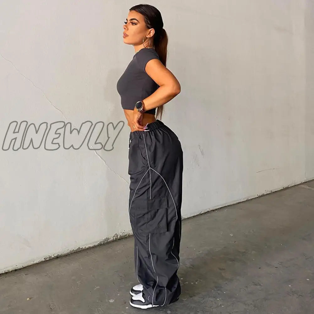 Hnewly Sporty Baggy Low Waisted Trousers Casual Patchwork Pockets Drawstring Cargo Pants Female