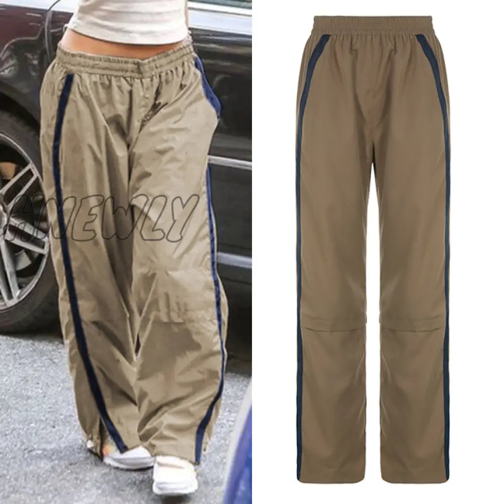 Hnewly Sporty Baggy Low Waisted Trousers Casual Patchwork Pockets Drawstring Cargo Pants Female