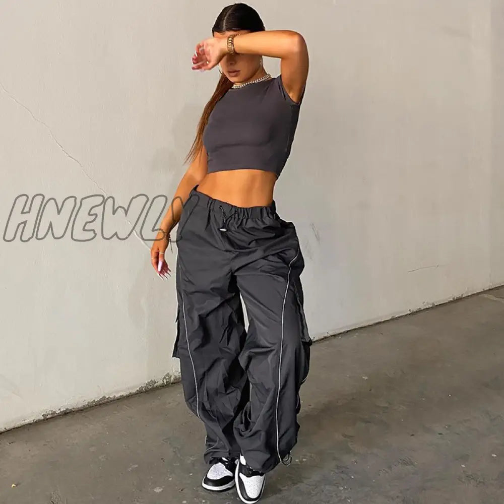 Hnewly Sporty Baggy Low Waisted Trousers Casual Patchwork Pockets Drawstring Cargo Pants Female