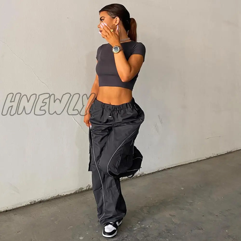 Hnewly Sporty Baggy Low Waisted Trousers Casual Patchwork Pockets Drawstring Cargo Pants Female