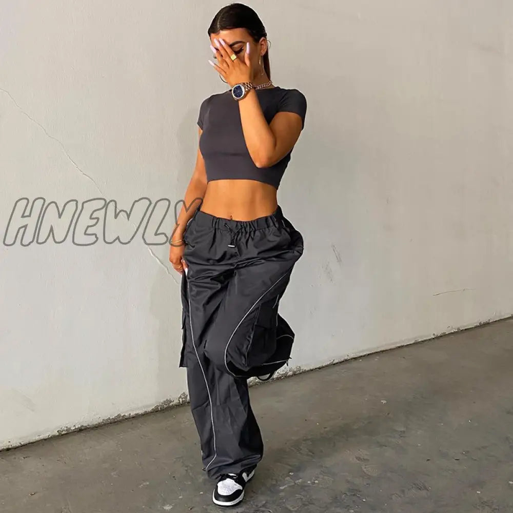 Hnewly Sporty Baggy Low Waisted Trousers Casual Patchwork Pockets Drawstring Cargo Pants Female