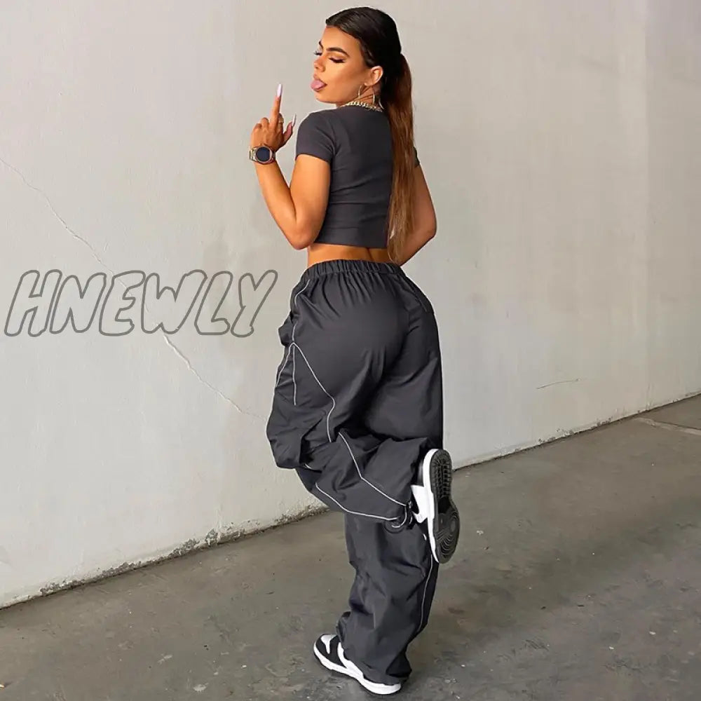 Hnewly Sporty Baggy Low Waisted Trousers Casual Patchwork Pockets Drawstring Cargo Pants Female