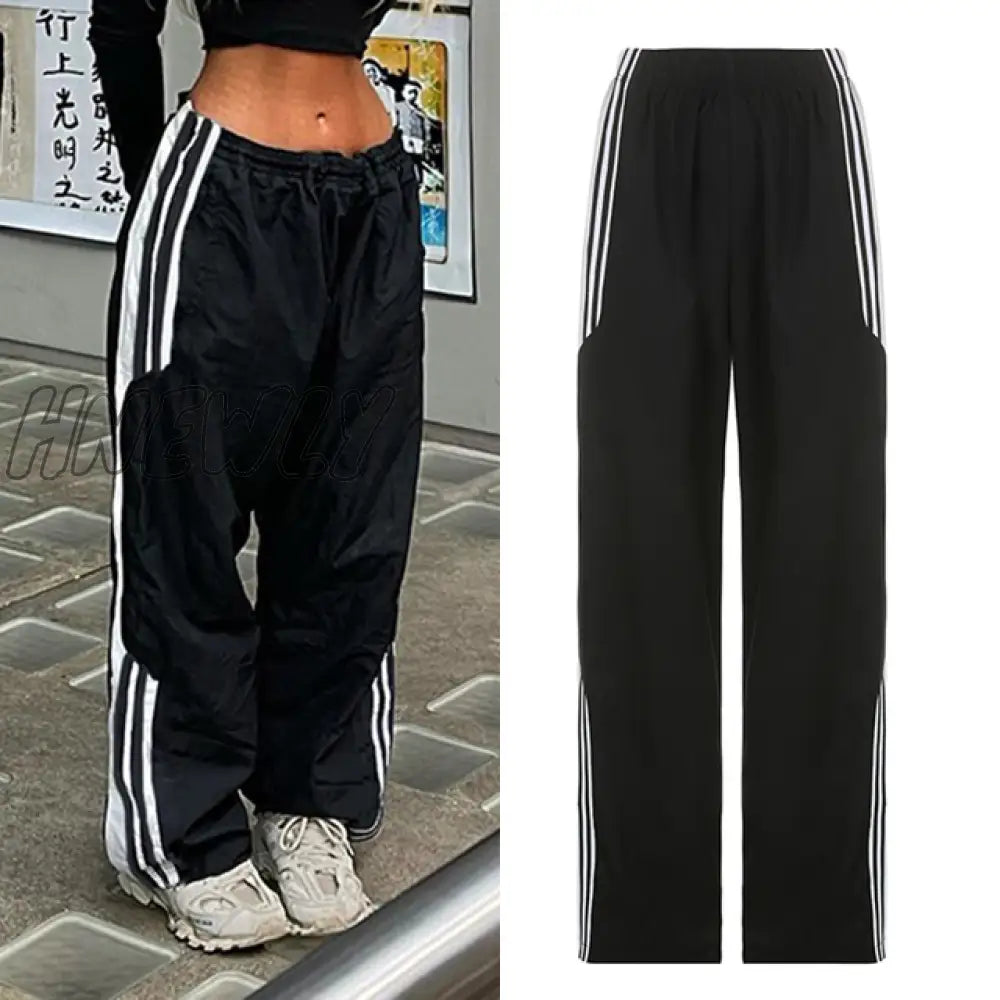 Hnewly Sporty Baggy Low Waisted Trousers Casual Patchwork Pockets Drawstring Cargo Pants Female