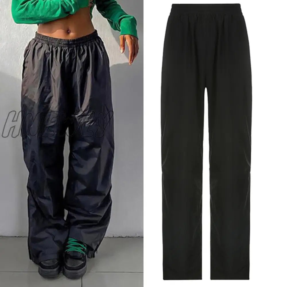 Hnewly Sporty Baggy Low Waisted Trousers Casual Patchwork Pockets Drawstring Cargo Pants Female