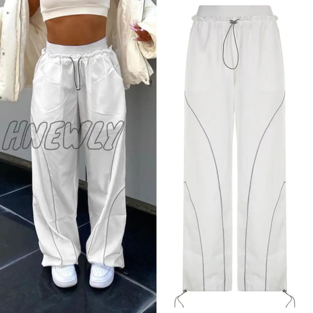 Hnewly Sporty Baggy Low Waisted Trousers Casual Patchwork Pockets Drawstring Cargo Pants Female