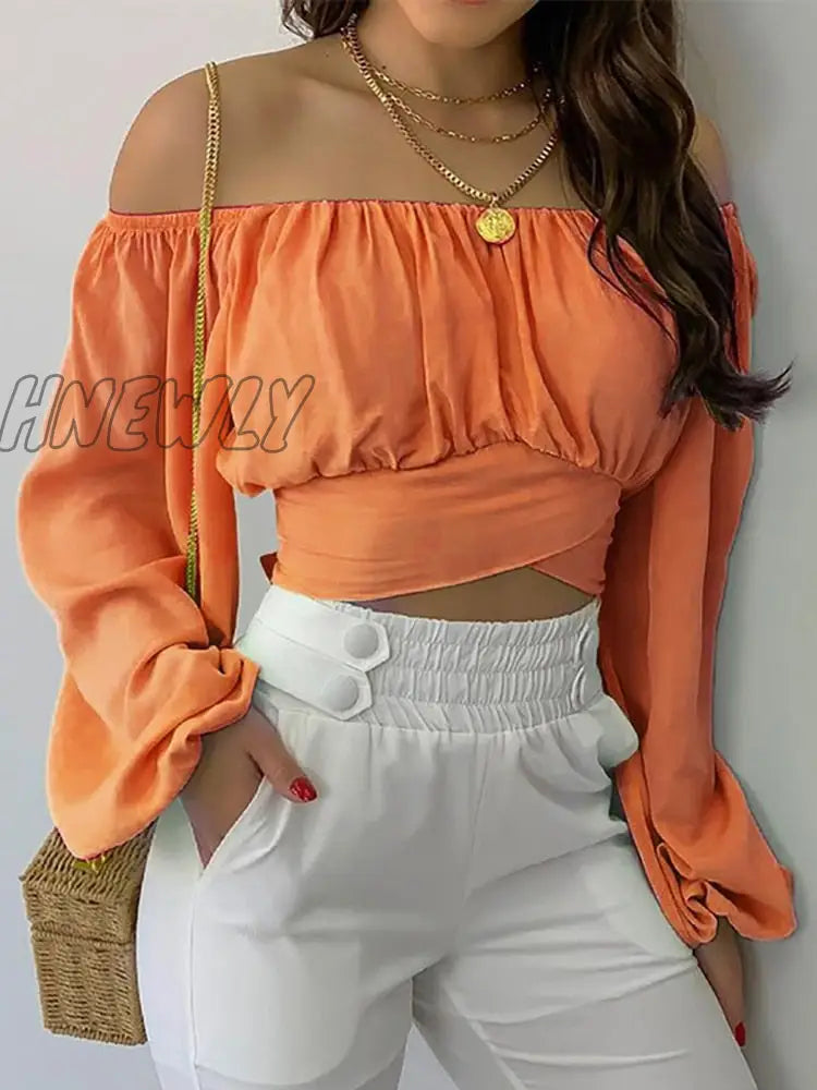 Hnewly Spring And Summer Ladies’s Strapless Cross Strap Long Sleeve Top Woman Tshirts Women Tops