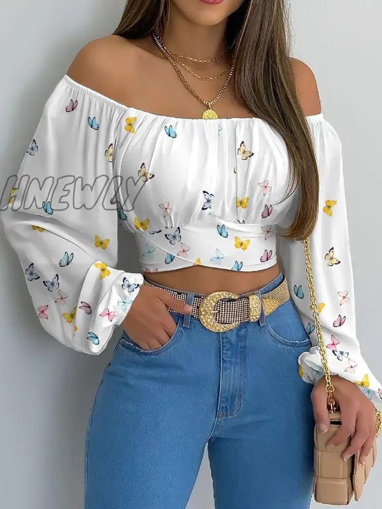 Hnewly Spring And Summer Ladies’s Strapless Cross Strap Long Sleeve Top Woman Tshirts Women Tops