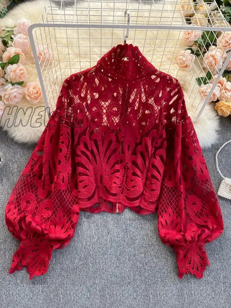 Hnewly Spring Autumn New Fashion Blouse Female Hollow Lantern Sleeve Temperament Blusa Stand-Up