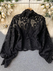 Hnewly Spring Autumn New Fashion Blouse Female Hollow Lantern Sleeve Temperament Blusa Stand-Up