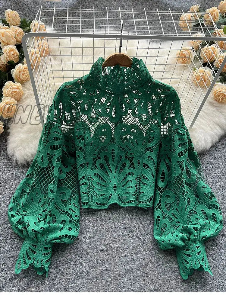 Hnewly Spring Autumn New Fashion Blouse Female Hollow Lantern Sleeve Temperament Blusa Stand-Up
