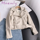 Hnewly Spring Autumn Soft Faux Leather Short Jacket With Belt Women Lapel Pu Coat Black Zipper Moto