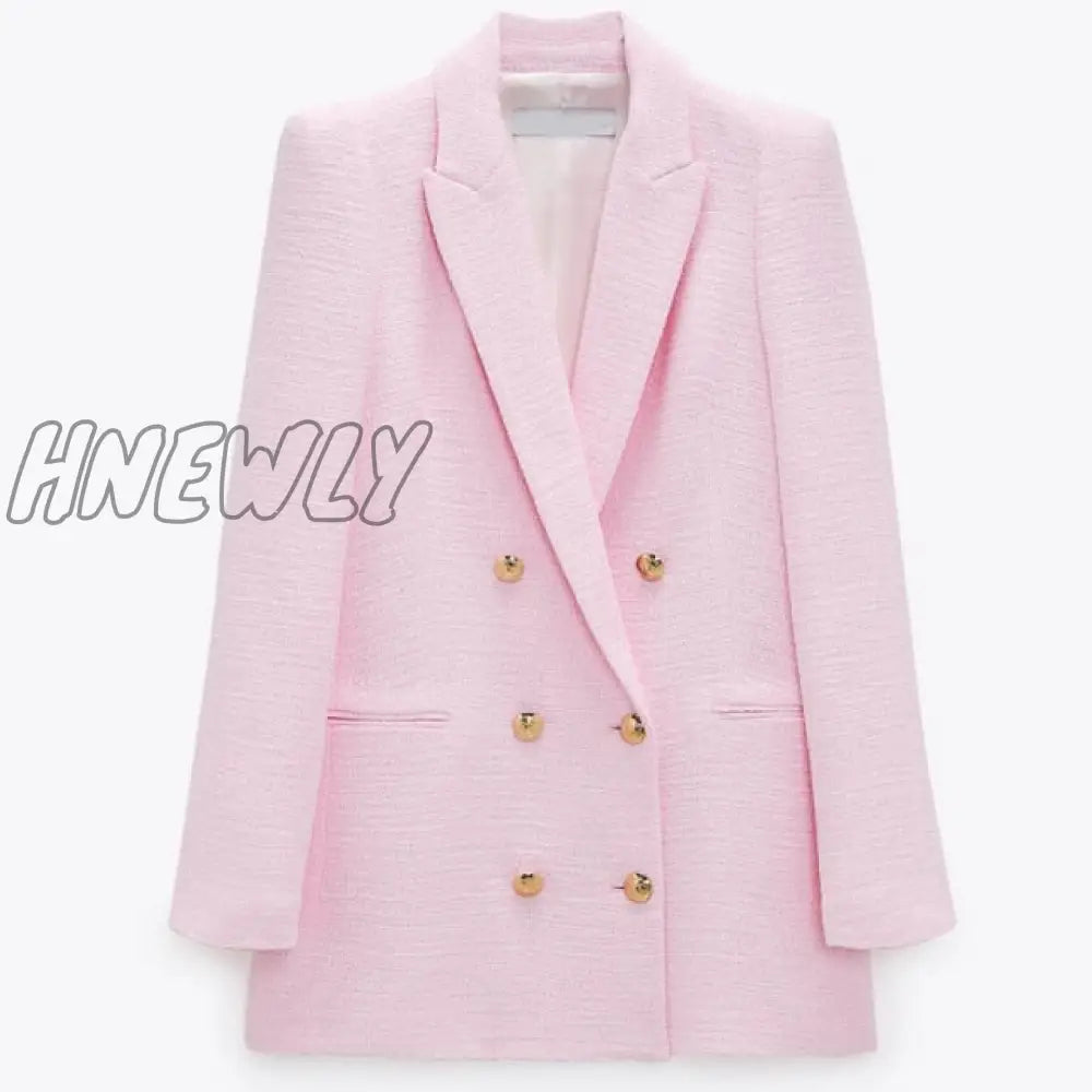 Hnewly Spring Autumn Women Fashion Vintage White Pink Tweed Blazers And Jackets Chic Button Office