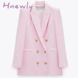 Hnewly Spring Autumn Women Fashion Vintage White Pink Tweed Blazers And Jackets Chic Button Office
