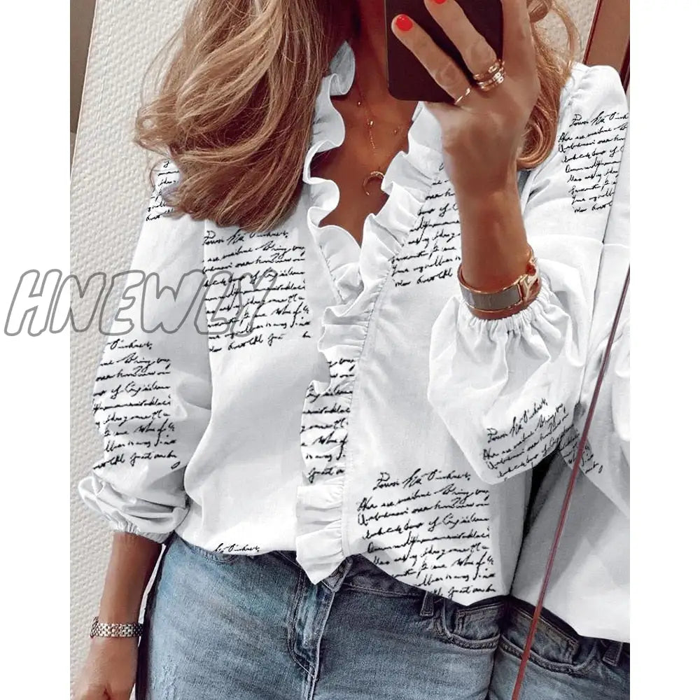 Hnewly Spring Elegant Chiffon Women Blouses Ruffles V Neck Long Sleeve Loose Female Tunic White