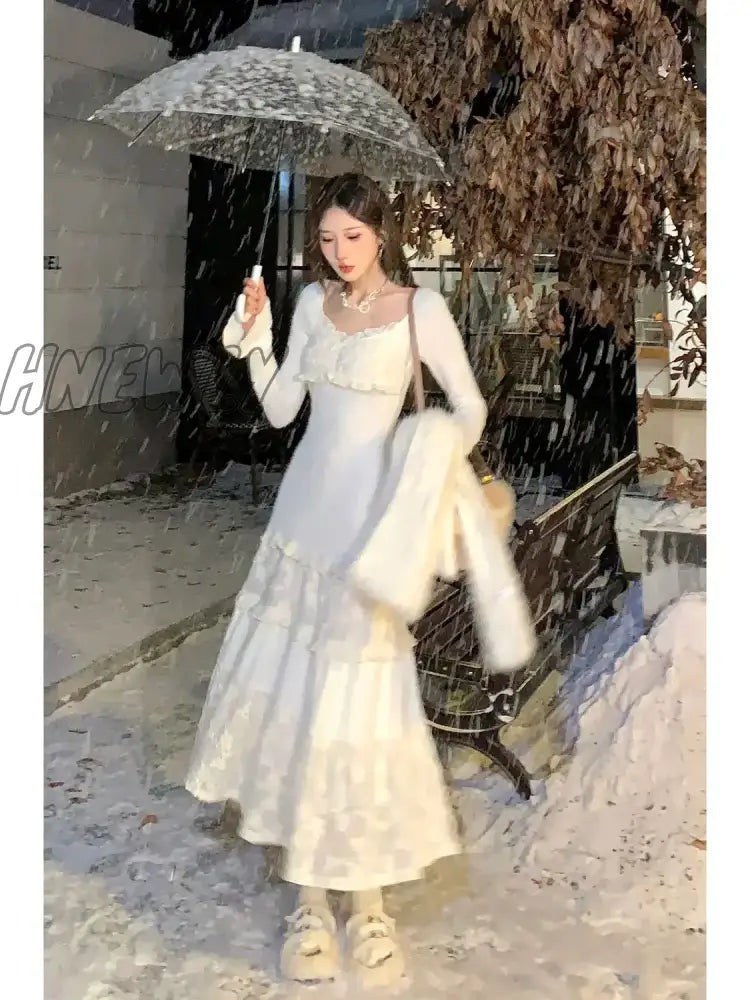 Hnewly Spring Elegant Knitted Dress Women Lace Patchwork Koeran Princess Midi Female Casual Sweet