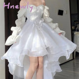 Hnewly Spring Elegant White Off Shoulder Fairy Dress Chic Princess Puff Dress Mesh Puff Dress Wedding Party Porm Dress