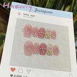 Hnewly Spring Girl Blush Manicure Pearl Tulip Square Fake Nails Pink Sweet Handmade Nail Art Patches Girl Gift