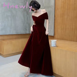 Hnewly Spring Long Luxury Elegant Wine Red Soft Velvet Evening Party Wedding Dresses for Women Off Shoulder Maxi Dress