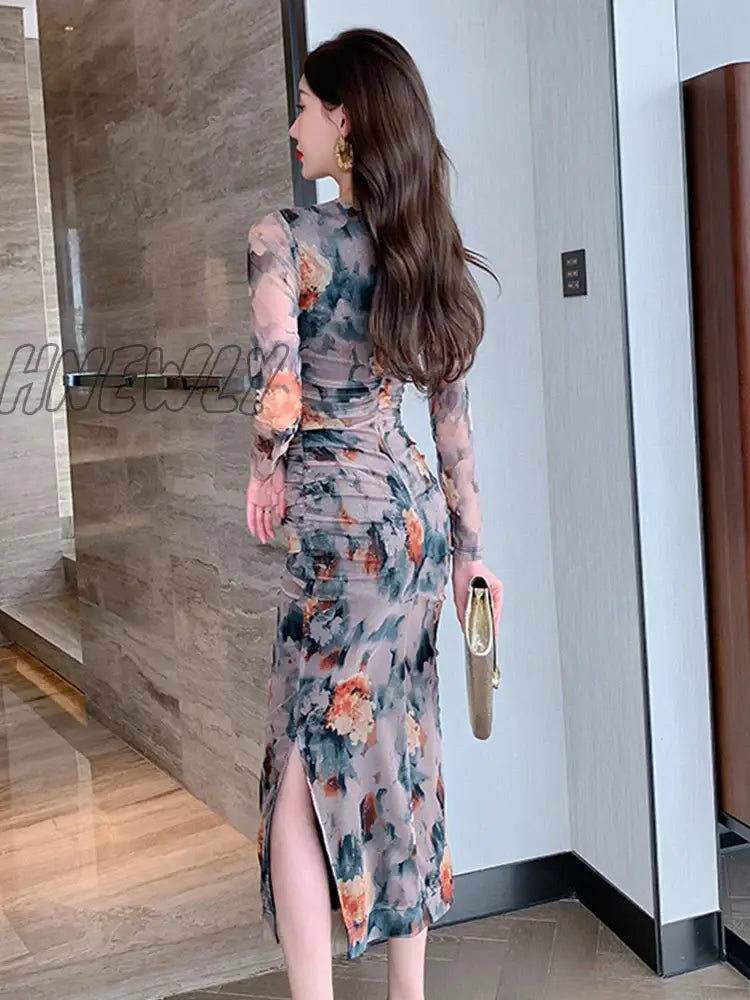Hnewly Spring Midi Dresses For Women Elegant Vintage Sexy Print Floral Mesh Folds Bodycon Slit Long