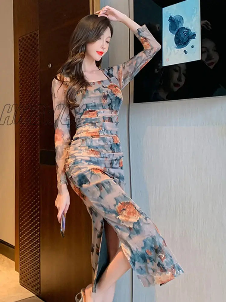 Hnewly Spring Midi Dresses For Women Elegant Vintage Sexy Print Floral Mesh Folds Bodycon Slit Long