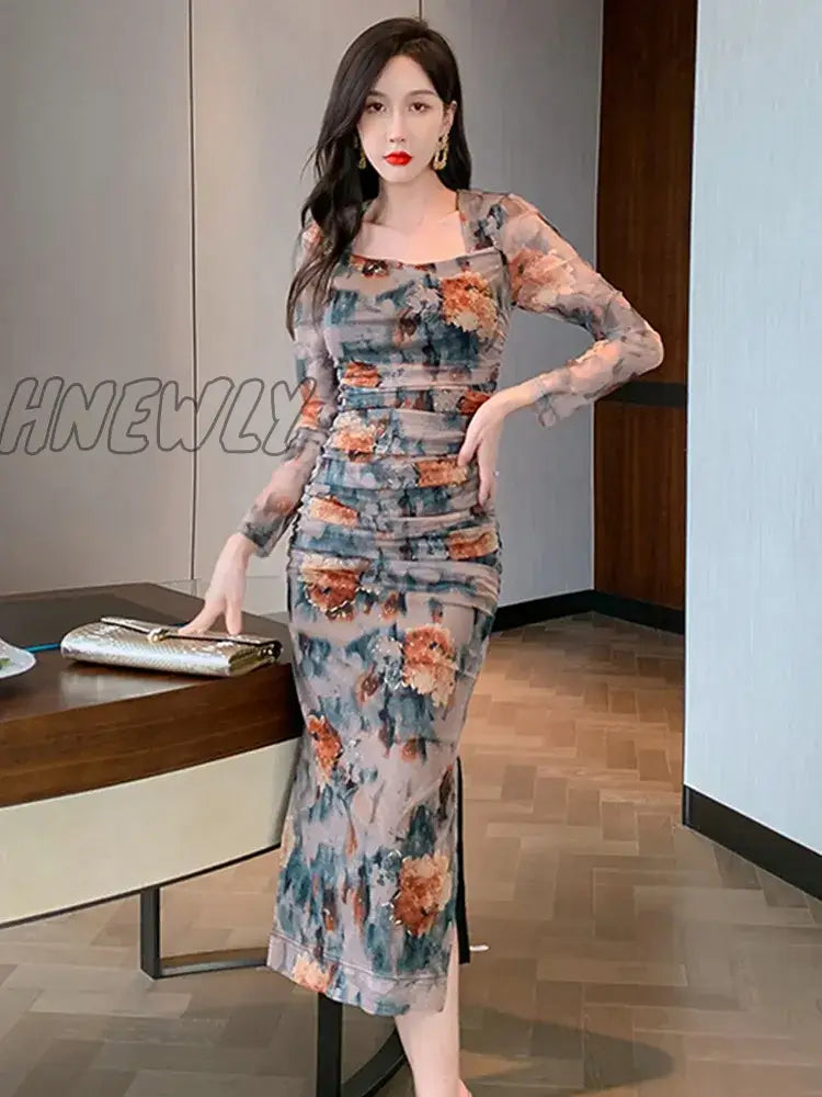 Hnewly Spring Midi Dresses For Women Elegant Vintage Sexy Print Floral Mesh Folds Bodycon Slit Long