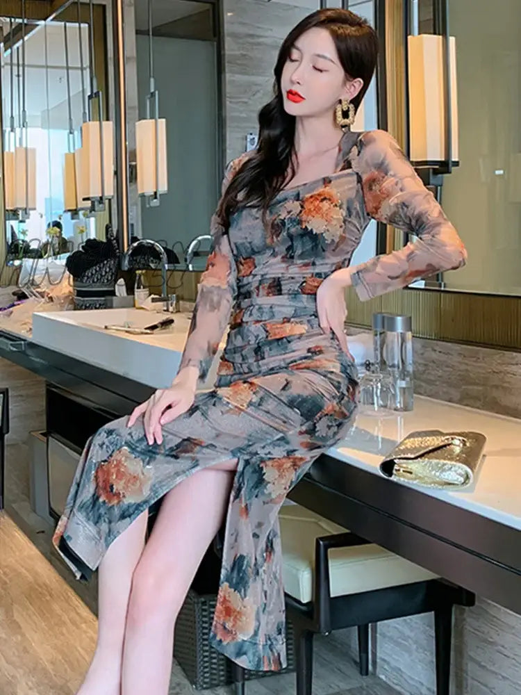 Hnewly Spring Midi Dresses For Women Elegant Vintage Sexy Print Floral Mesh Folds Bodycon Slit Long