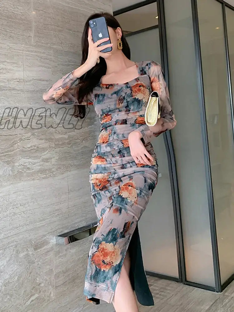 Hnewly Spring Midi Dresses For Women Elegant Vintage Sexy Print Floral Mesh Folds Bodycon Slit Long