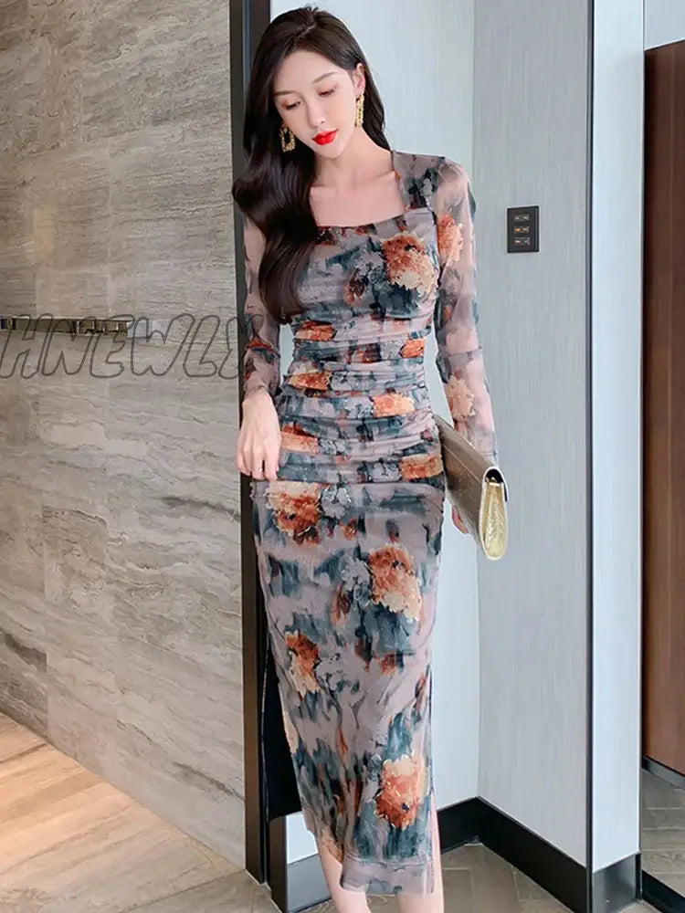 Hnewly Spring Midi Dresses For Women Elegant Vintage Sexy Print Floral Mesh Folds Bodycon Slit Long