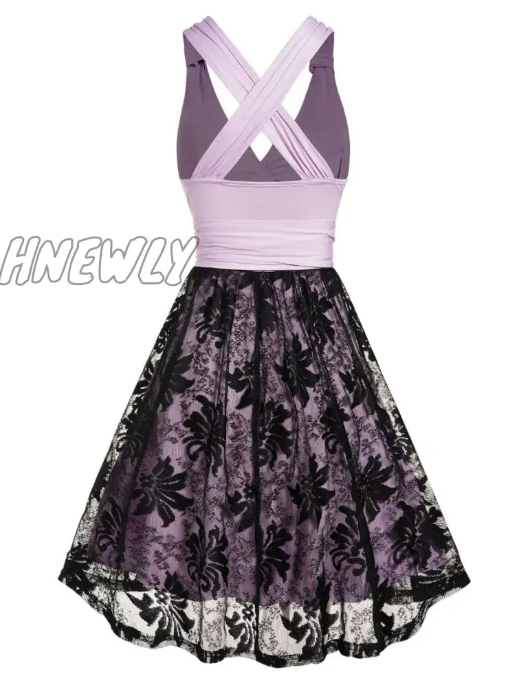 Hnewly Spring New Sheer Leaf Lace Overlay Mini Dress Surplice Plunge Ruched Sleeveless Cross