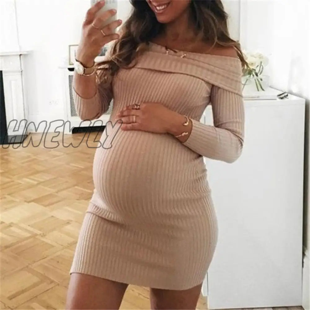 Hnewly Spring New Style Women’s Pregnancy Casual Slash Neck Mini Dress Maternity Long Sleeve