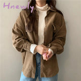 Hnewly Spring New Women Solid Corduroy Shirts Jackets Full Sleeve Turn-Down Collar Oversize Coats