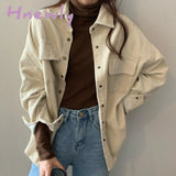 Hnewly Spring New Women Solid Corduroy Shirts Jackets Full Sleeve Turn-Down Collar Oversize Coats