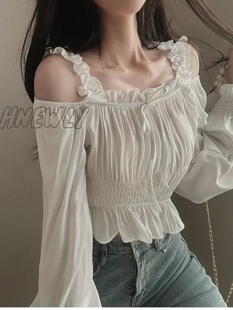 Hnewly Spring Off Shoulder Shirts For Women Temperament Square Collar Pleated Lantern Long Sleeve