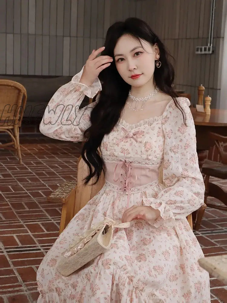 Hnewly Spring Pink Floral Elegant Dress Women Bandage Lace Print Sweet Vintage Puff Sleeve Kawaii