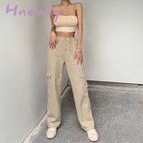 Hnewly Spring/summer 2024 women's Straight Leg jeans cargo denim pants for women loose fashion Trousers high waist casual pocket pants