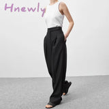 Hnewly Spring Summer Black Ladies Office Trousers Women High Waist Pants Pockets Female Pleated
