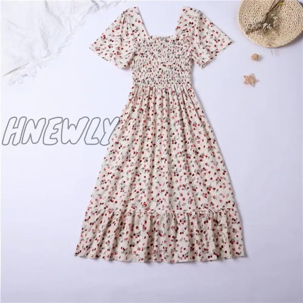 Hnewly Spring Summer Chiffon Dress Women Midi Dressesfemale Short Sleeve Elastic Waist Printed